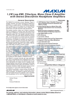 MAX9770 datasheet - 1.2W Low-EMI, Filterless, Mono Class D Amplifier with Stereo DirectDrive Headphone Amplifiers