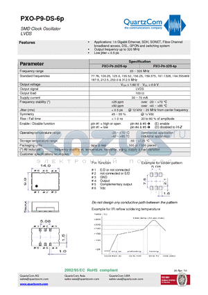 PXO-P9-3DS-6P datasheet - SMD Clock Oscillator LVDS Output frequency up to 320 MHz