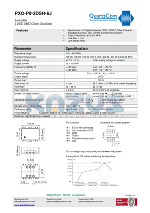 PXO-P9-3DSH-6J datasheet - Low jitter LVDS SMD Clock Oscillator Output frequency up to 800 MHz