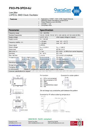 PXO-P9-3PEH-6J datasheet - Low jitter LVPECL SMD Clock Oscillator Low phase noise