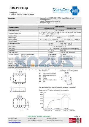PXO-P9-3PE-6P datasheet - Low jitter LVPECL SMD Clock Oscillator Output frequency up to 320 MHz