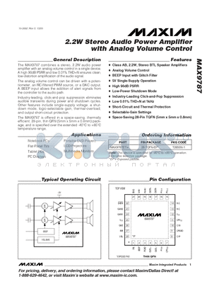 MAX9787ETI datasheet - 2.2W Stereo Audio Power Amplifier with Analog Volume Control