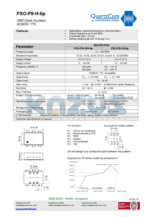 PXO-P9-H-6P datasheet - SMD Clock Oscillator HCMOS / TTL Output frequency up to 200 MHz