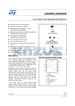 LM358AWDT datasheet - Low Power Dual Operational Amplifiers