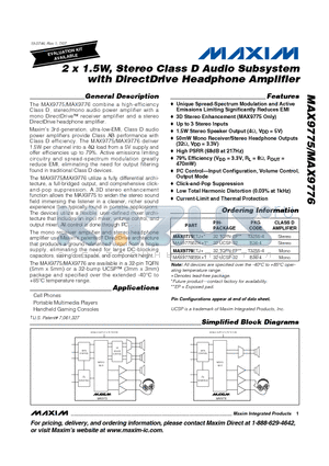 MAX9775ETJ+ datasheet - 2 x 1.5W, Stereo Class D Audio Subsystem with DirectDrive Headphone Amplifier
