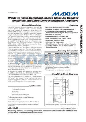 MAX9790 datasheet - Windows Vista-Compliant, Stereo Class AB Speaker Amplifiers and DirectDrive Headphone Amplifiers