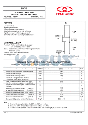 EM7G datasheet - ULTRAFAST EFFICIENT PLASTIC SILICON RECTIFIER VOLTAGE 1000V CURRENT 1.0A