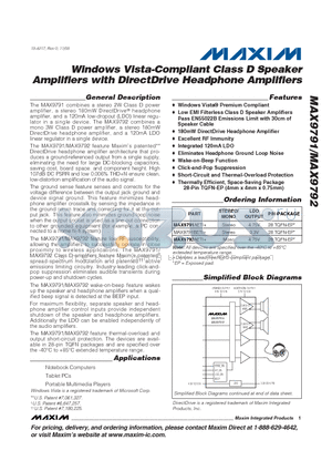 MAX9792AETI+ datasheet - Windows Vista-Compliant Class D Speaker Amplifiers with DirectDrive Headphone Amplifiers