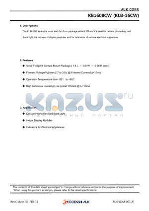 KB1608CW datasheet - Cellular Phone Key Pad Back Light