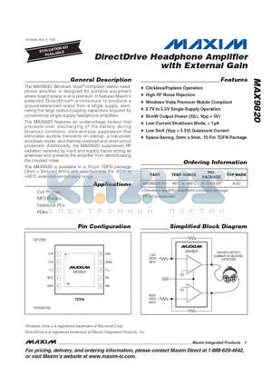 MAX9820ETB+ datasheet - DirectDrive Headphone Amplifier with External Gain