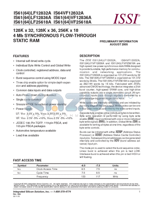 IS61VF12836A-6.5TQ datasheet - 128K x 32, 128K x 36, 256K x 18 4 Mb SYNCHRONOUS FLOW-THROUGH STATIC RAM