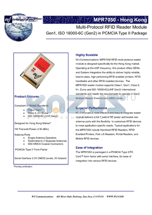 MPR7050 datasheet - Multi-Protocol RFID Reader Module Gen1, ISO 18000-6C (Gen2) in PCMCIA Type II Package
