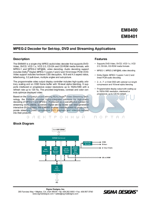 EM8400 datasheet - MPEG-2 Decoder for Set-top, DVD and Streaming Applications