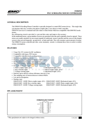 EM84510CP datasheet - PS/2 SCROLLING MOUSE CONTROLLER