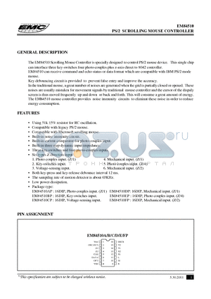 EM84510DP datasheet - PS/2 SCROLLING MOUSE CONTROLLER