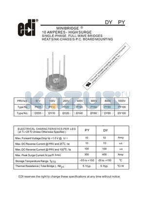 PY100 datasheet - 10 AMPERES - HIGH SURGE SINGLE-PHASE, FULL-WAVE BRIDGES HEAT SINK-CHASSIS-P.C. BOARD MOUNTING