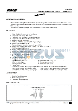 EM84520CP datasheet - 2-IN-ONE SCROLLING MOUSE CONTROLLER