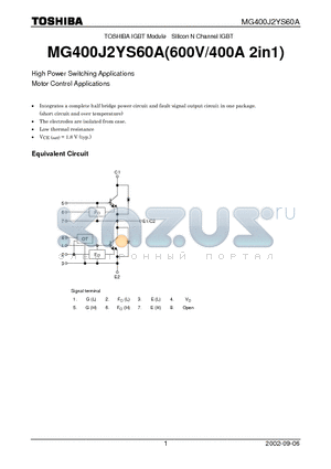 MG400J2YS60A datasheet - TOSHIBA IGBT Module Silicon N Channel IGBT