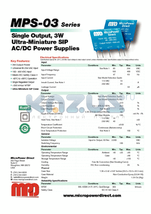 MPS-03S-24 datasheet - Single Output, 3W Ultra-Miniature SIP AC/DC Power Supplies