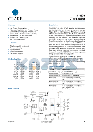 M-8870-01SMTR datasheet - DTMF Receiver