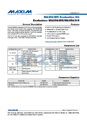 MAX98309 datasheet - Mono 1.4W Class AB Audio Amplifiers 2.5V to 5.5V Supply Operation