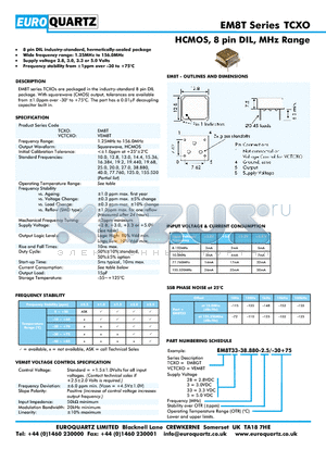 EM8T28-38.880-2.5-30 datasheet - HCMOS, 8 pin DIL, MHz Range