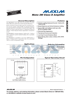 MAX9830AETA+ datasheet - Mono 2W Class D Amplifier