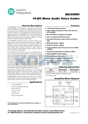 MAX9860_12 datasheet - 16-Bit Mono Audio Voice Codec