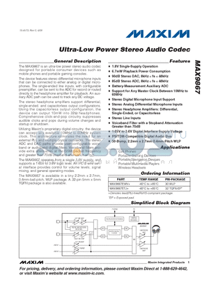 MAX9867EWV+ datasheet - Ultra-Low Power Stereo Audio Codec