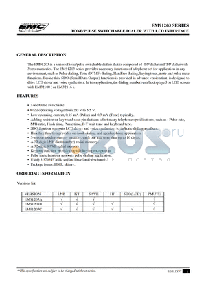 EM91203A datasheet - TONE/PULSE SWITCHABLE DIALER WITH LCD INTERFACE