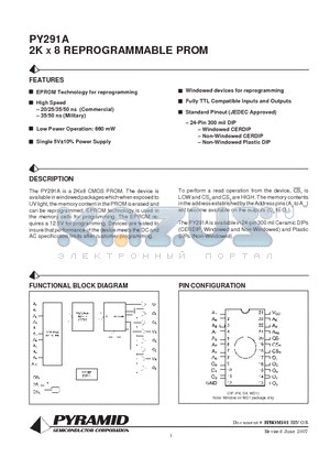 PY291A-50DC datasheet - 2K X 8 REPROGRAMMABLE PROM