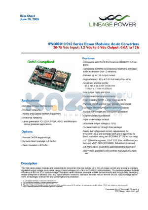 HW010A0F1-S datasheet - 36-75 Vdc Input; 1.2 Vdc to 5 Vdc Output; 6.6A to 12A