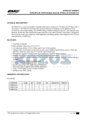 EM91215BP datasheet - TONE/PULSE SWITCHABLE DIALER WITH LCD INTERFACE