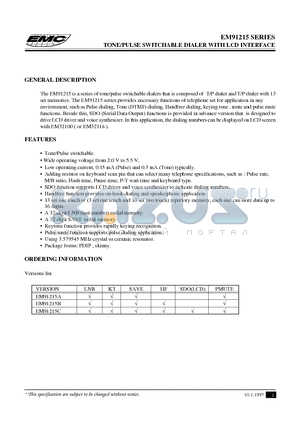 EM91215 datasheet - TONE/PULSE SWITCHABLE DIALER WITH LCD INTERFACE