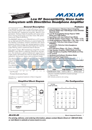 MAX9875 datasheet - Low RF Susceptibility, Mono Audio Subsystem with DirectDrive Headphone Amplifier