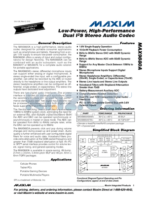 MAX9880A datasheet - Low-Power, High-Performance Dual I2S Stereo Audio Codec