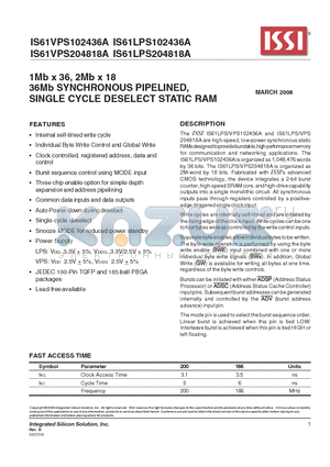 IS61VPS102436A datasheet - 1Mb x 36, 2Mb x 18 36Mb SYNCHRONOUS PIPELINED, SINGLE CYCLE DESELECT STATIC RAM