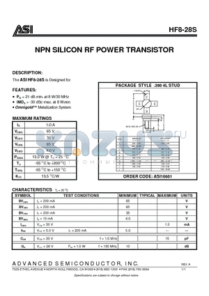 HF8-28S datasheet - NPN SILICON RF POWER TRANSISTOR