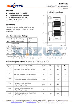 HWC27NC datasheet - C-Band Power FET Non-Via Hole Chip