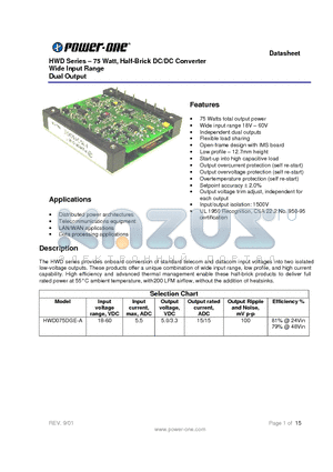 HWD075DGE datasheet - HWD Series . 75 Watt, Half-Brick DC/DC Converter Wide Input Range Dual Output