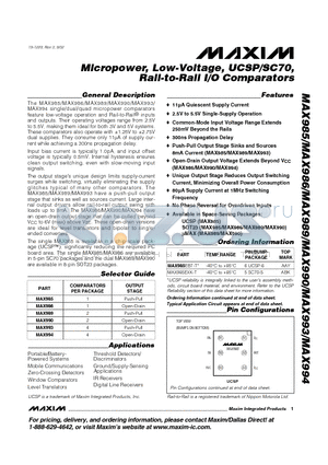 MAX989ESA datasheet - Micropower, Low-Voltage, SOT23, Rail-to-Rail I/O Comparators
