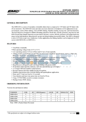 EM91420CK datasheet - TONE/PULSE SWITCHABLE DIALER WITH LCD INTERFACE AND DUAL-TONE MELODY GENERATOR