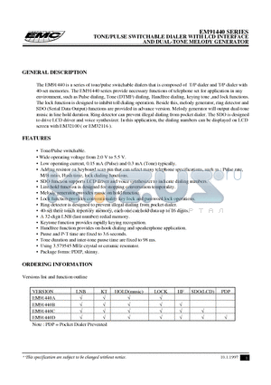 EM91440DK datasheet - TONE/PULSE SWITCHABLE DIALER WITH LCD INTERFACE AND DUAL-TONE MELODY GENERATOR