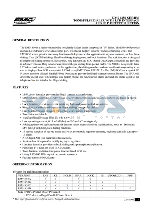 EM91450BP datasheet - TONE/PULSE DIALER WITH LCD INTERFACE AND I.P.P. DETECT FUNCTION