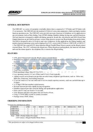 EM91465AP datasheet - TONE/PULSE DIALER WITH LCD INTERFACE AND I.P.P. DETECT FUNCTION