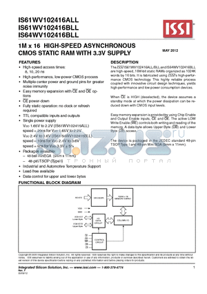 IS61WV102416ALL datasheet - 1M x 16 HIGH-SPEED ASYNCHRONOUS CMOS STATIC RAM WITH 3.3V SUPPLY