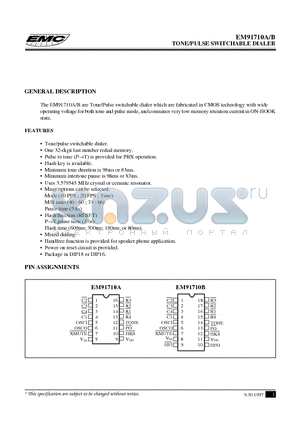 EM91710A datasheet - TONE/PULSE SWITCHABLE DIALER