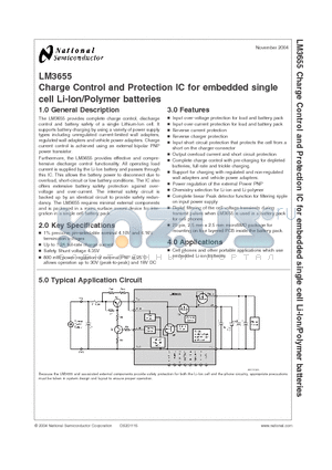 LM3655 datasheet - Charge Control and Protection IC for embedded single
