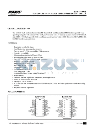 EM91810B datasheet - TONE/PULSE SWITCHABLE DIALER WITH LCD INTERFACE