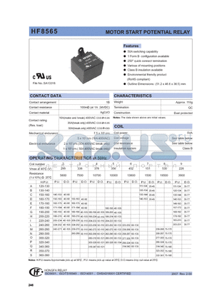 HF8565/D2A2XXX datasheet - MOTOR START POTENTIAL RELAY